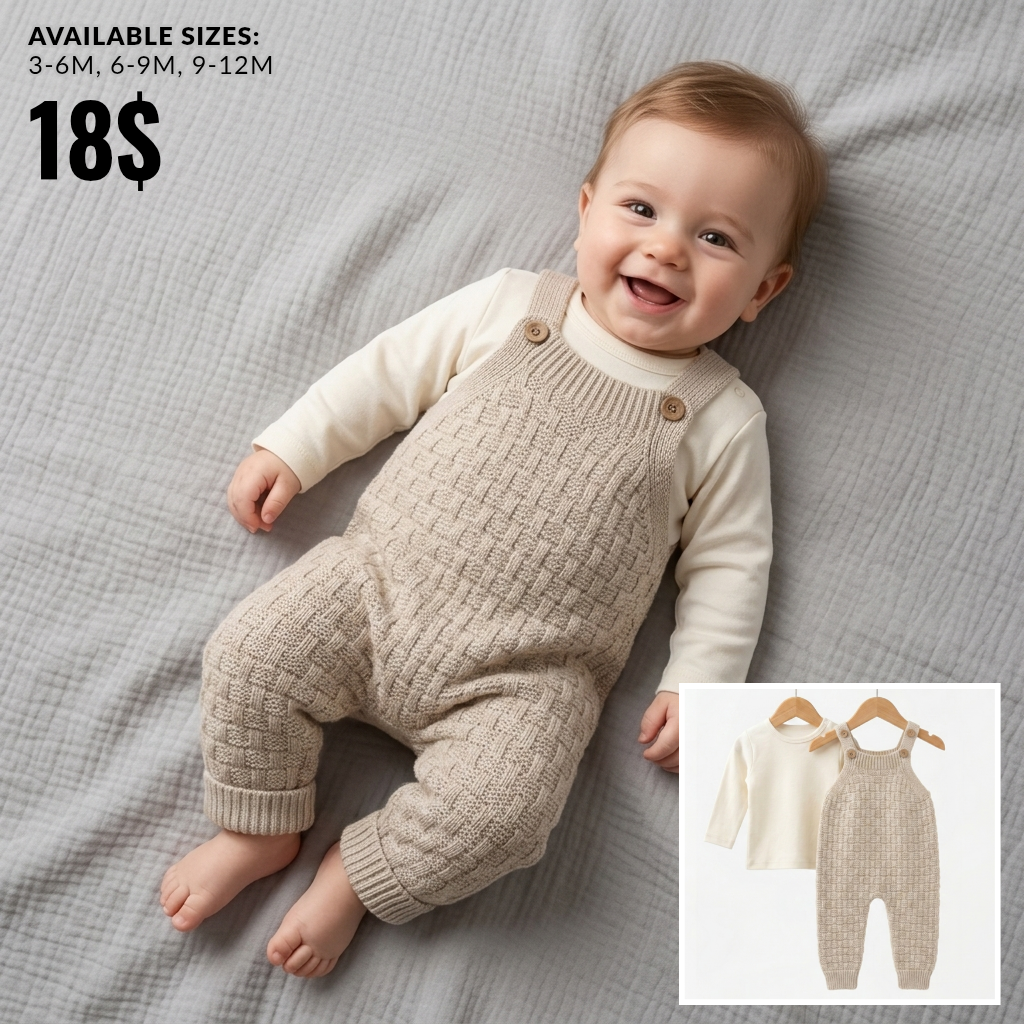 The Henry Textured Knit Overall Romper Set – Oat Beige