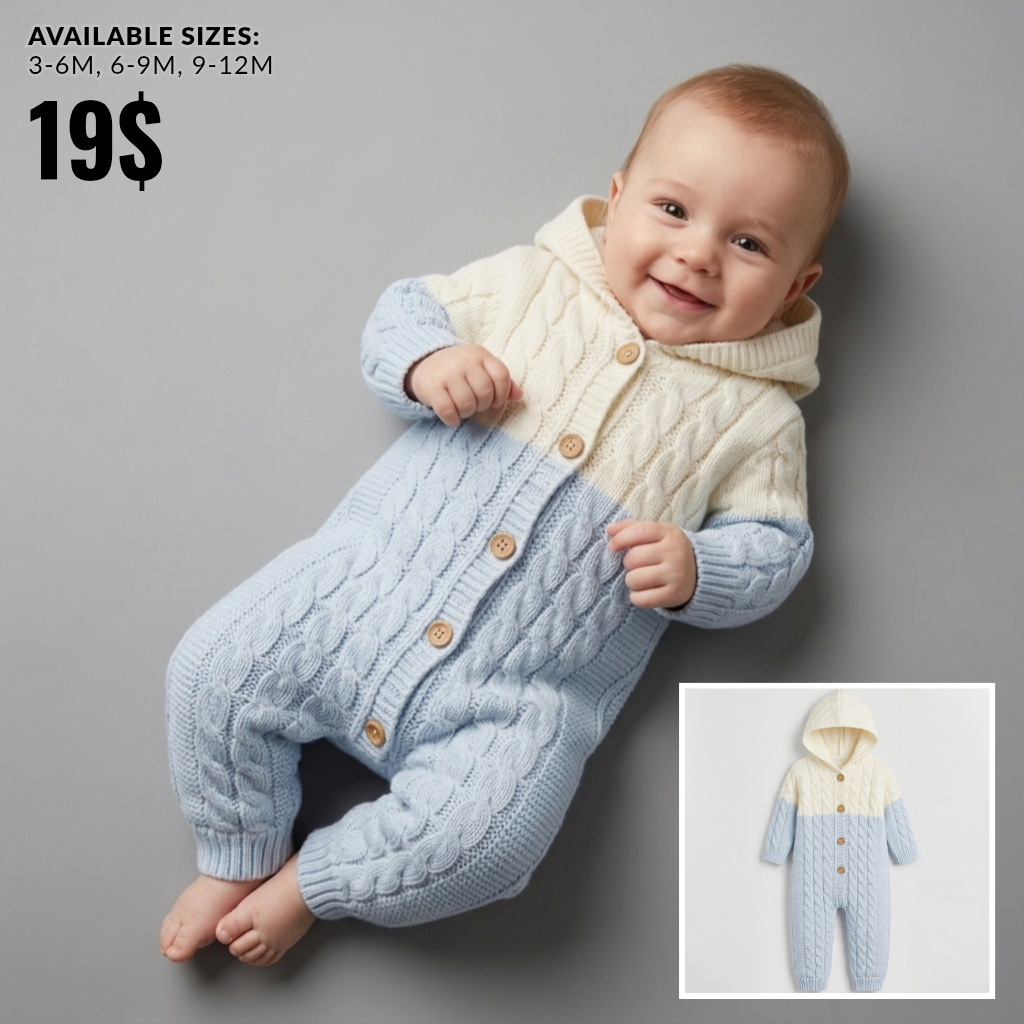 The Liam Cable-Knit Hooded Jumpsuit – Light Blue & Cream