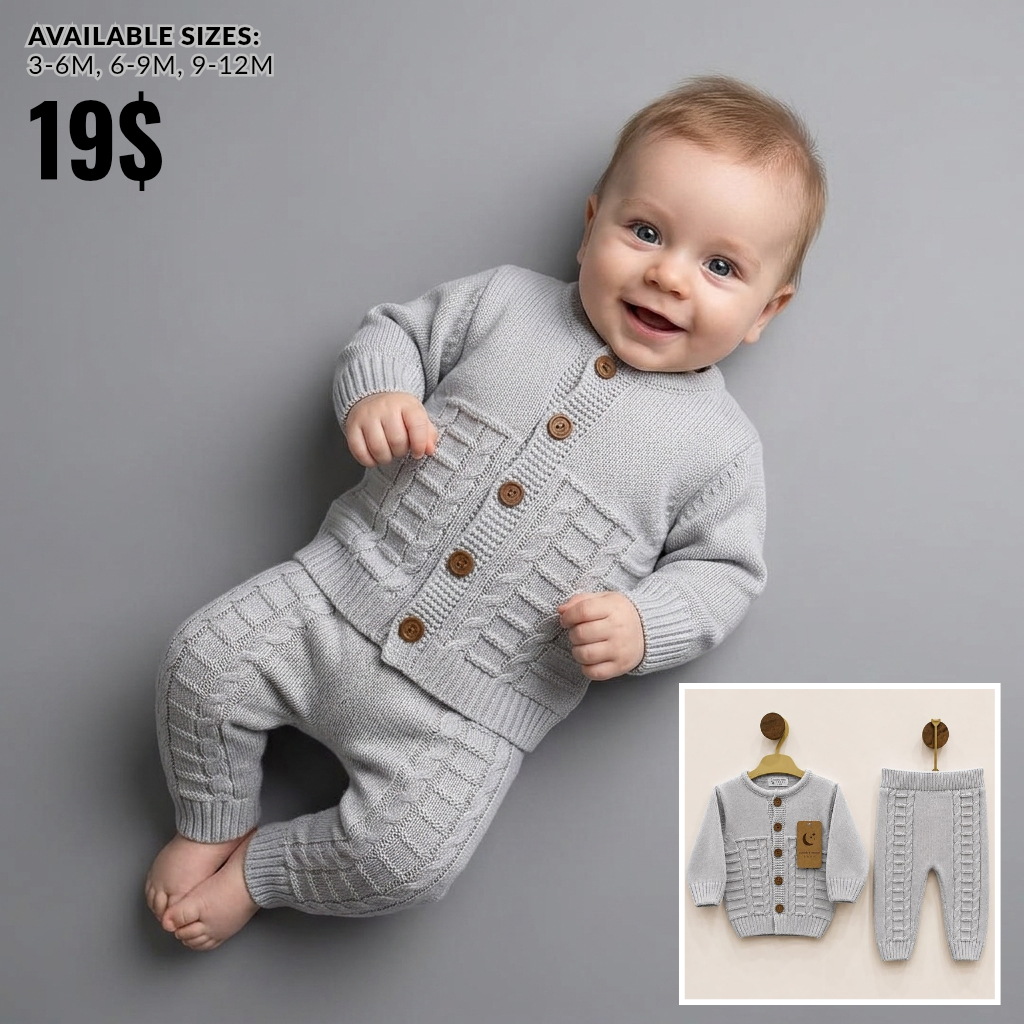 The Ethan 2-Piece Cable-Knit Cardigan Set – Light Gray