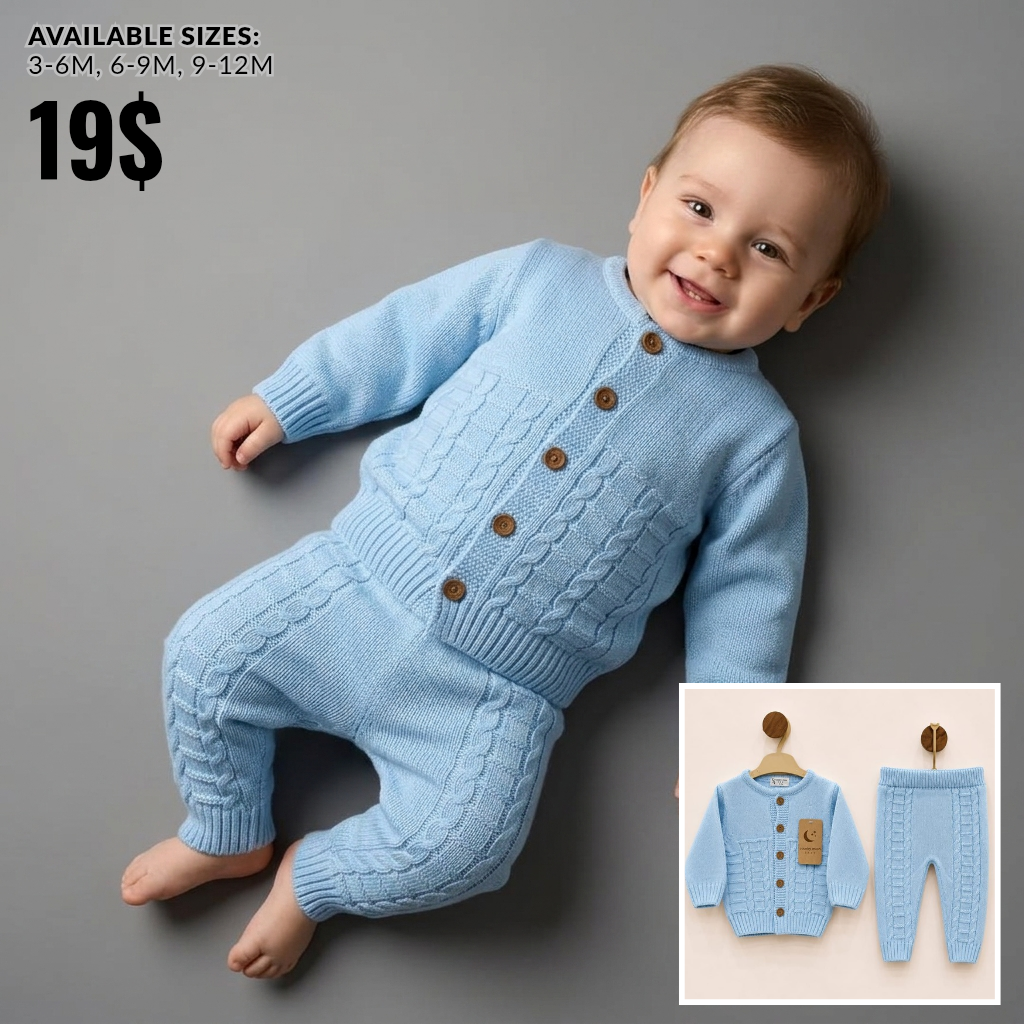 The William 2-Piece Cable-Knit Cardigan Set – Light Blue