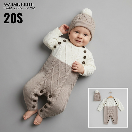 The Daniel Cable-Knit Romper & Beanie Set – Cream & Beige