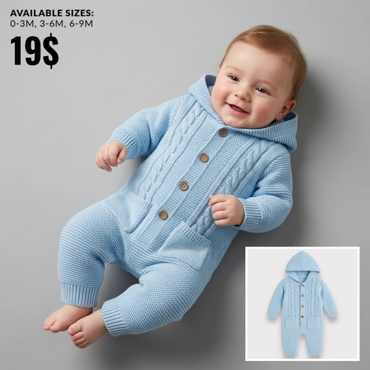 The Benjamin Cable-Knit Hooded Jumpsuit – Light Blue