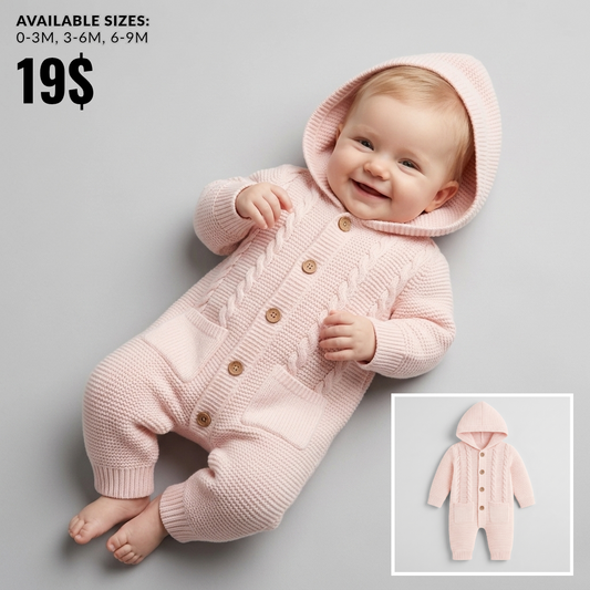 The Sophia Cable-Knit Hooded Jumpsuit – Soft Pink