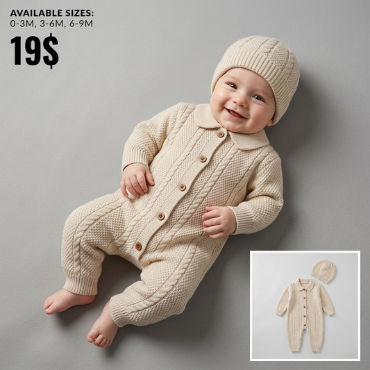 The Nicolas Collared Cable-Knit Romper & Bonnet Set – Cream