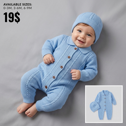 The Christopher Collared Cable-Knit Romper & Bonnet Set – Light Blue