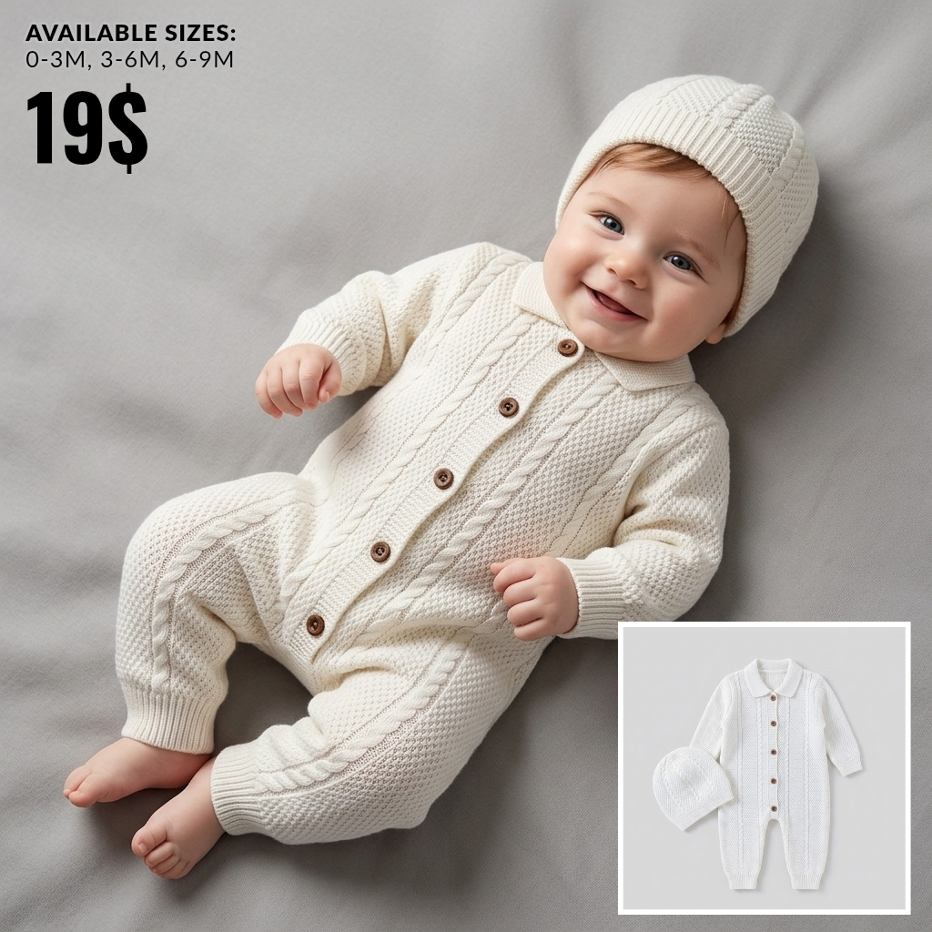 The Gabriel Collared Cable-Knit Romper & Bonnet Set – Crisp White
