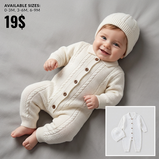 The Gabriel Collared Cable-Knit Romper & Bonnet Set – Crisp White