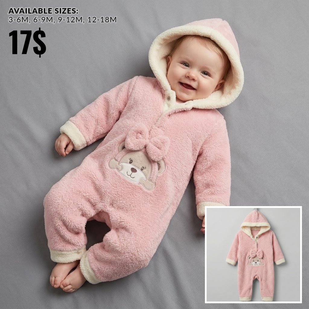 The Camilla Plush Fleece Bear Hooded Jumpsuit – Soft Pink