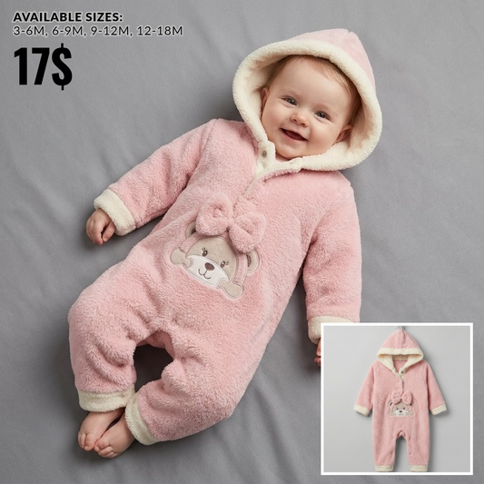 The Camilla Plush Fleece Bear Hooded Jumpsuit – Soft Pink