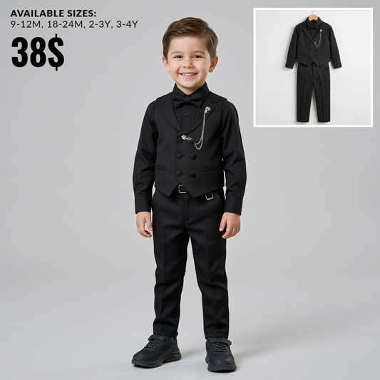 The Matteo 4-Piece Formal Vest Suit Set with Chain Brooch – Midnight Black
