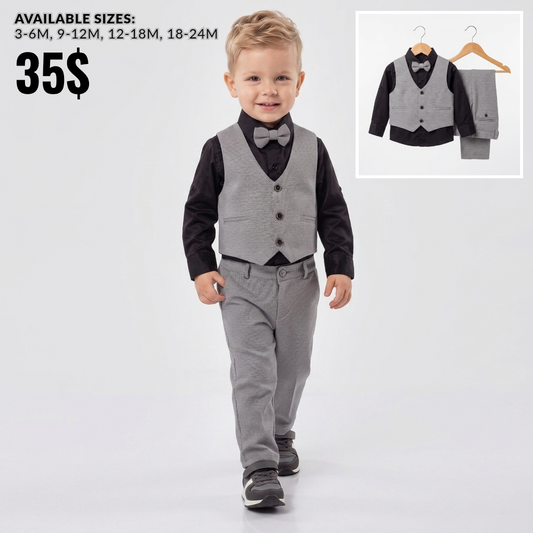 The Adrian 4-Piece Formal Vest Suit Set – Light Gray & Black
