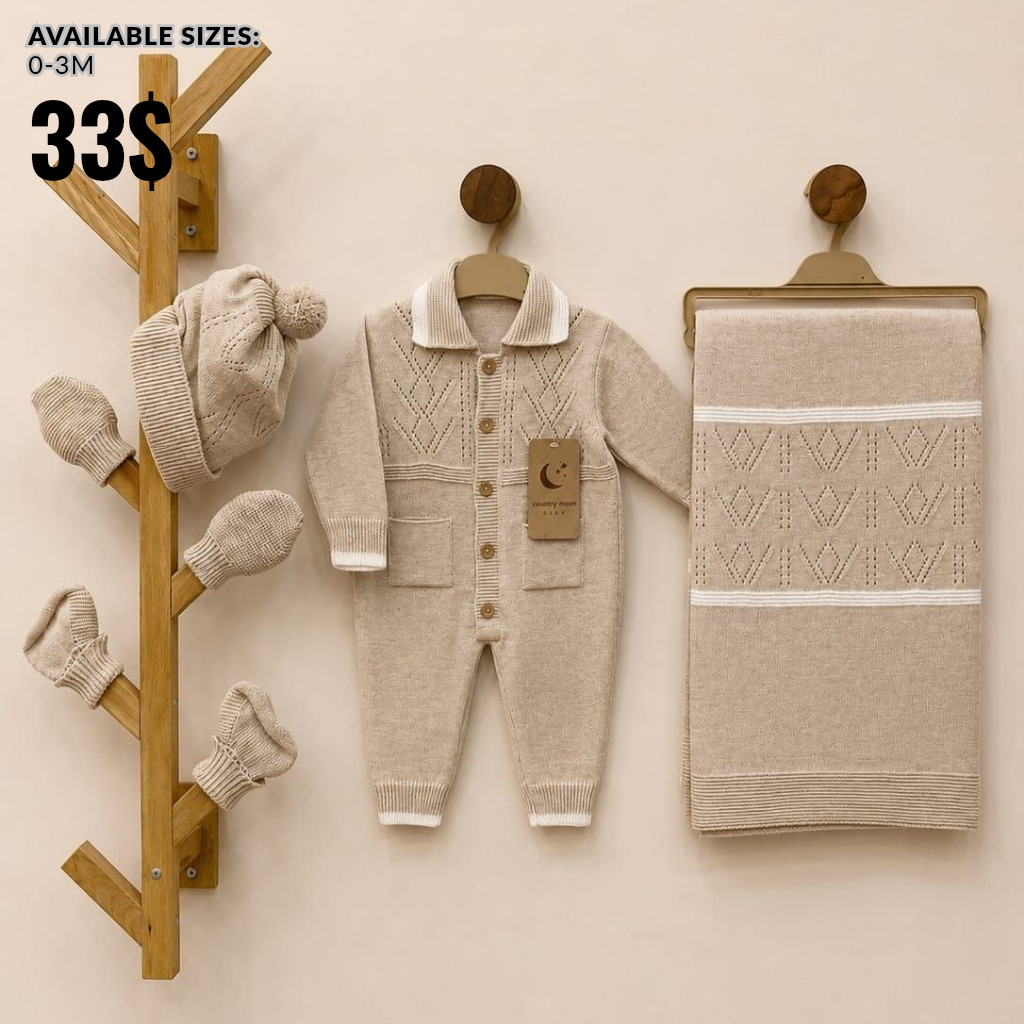 The Mateo 5-Piece Cable-Knit Romper & Blanket Gift Set – Oat Beige