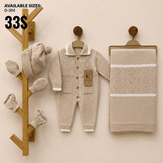 The Mateo 5-Piece Cable-Knit Romper & Blanket Gift Set – Oat Beige