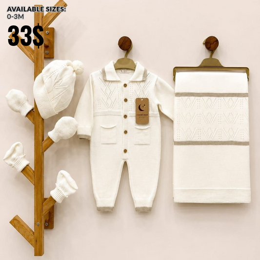 The Vincent 5-Piece Cable-Knit Footed Romper & Blanket Gift Set – Off-White