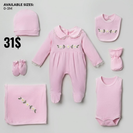 The Eleanor 7-Piece Floral Embroidered Layette & Blanket Gift Set – Soft Pink