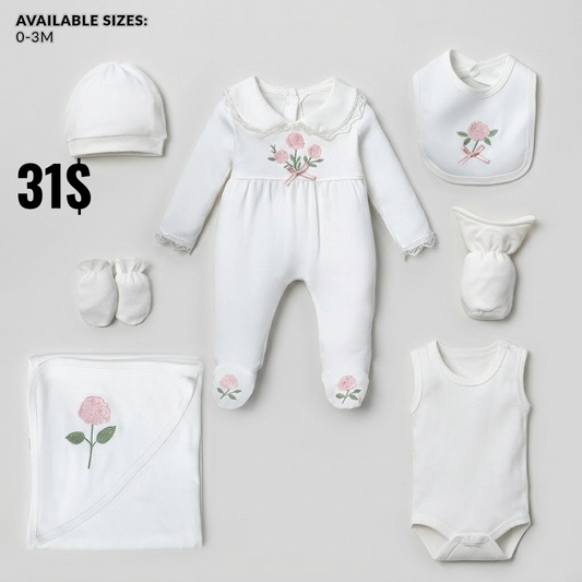 The Juliette 7-Piece Floral Embroidered Layette & Blanket Gift Set – Pure White
