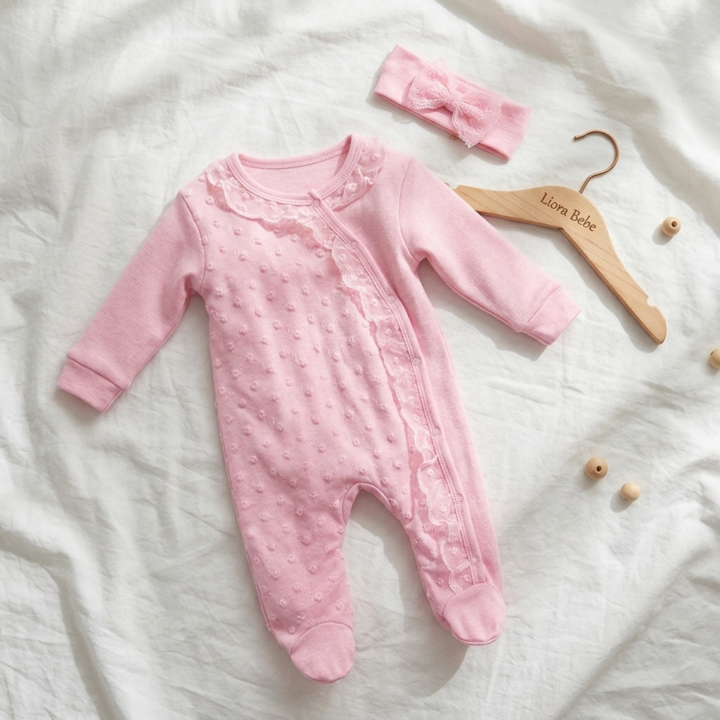 “Rosebud Whispers” Baby Onesie Set – Pink with Headband