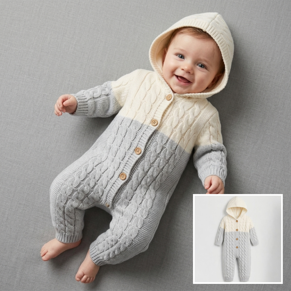 The Lucas Cable-Knit Hooded Jumpsuit – Light Gray & Cream