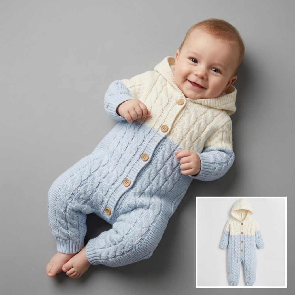 The Liam Cable-Knit Hooded Jumpsuit – Light Blue & Cream