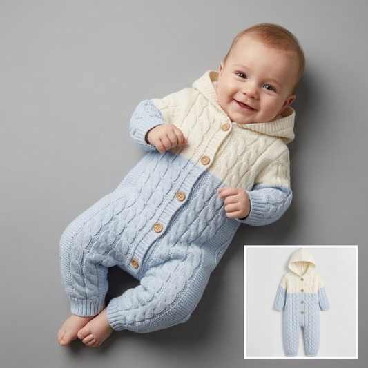 The Liam Cable-Knit Hooded Jumpsuit – Light Blue & Cream