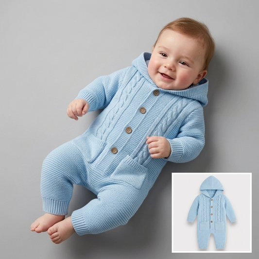 The Benjamin Cable-Knit Hooded Jumpsuit – Light Blue
