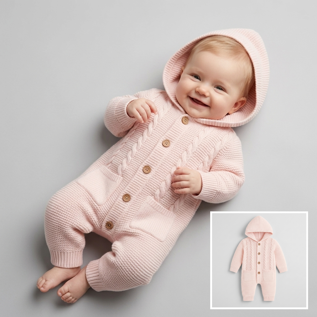 The Sophia Cable-Knit Hooded Jumpsuit – Soft Pink