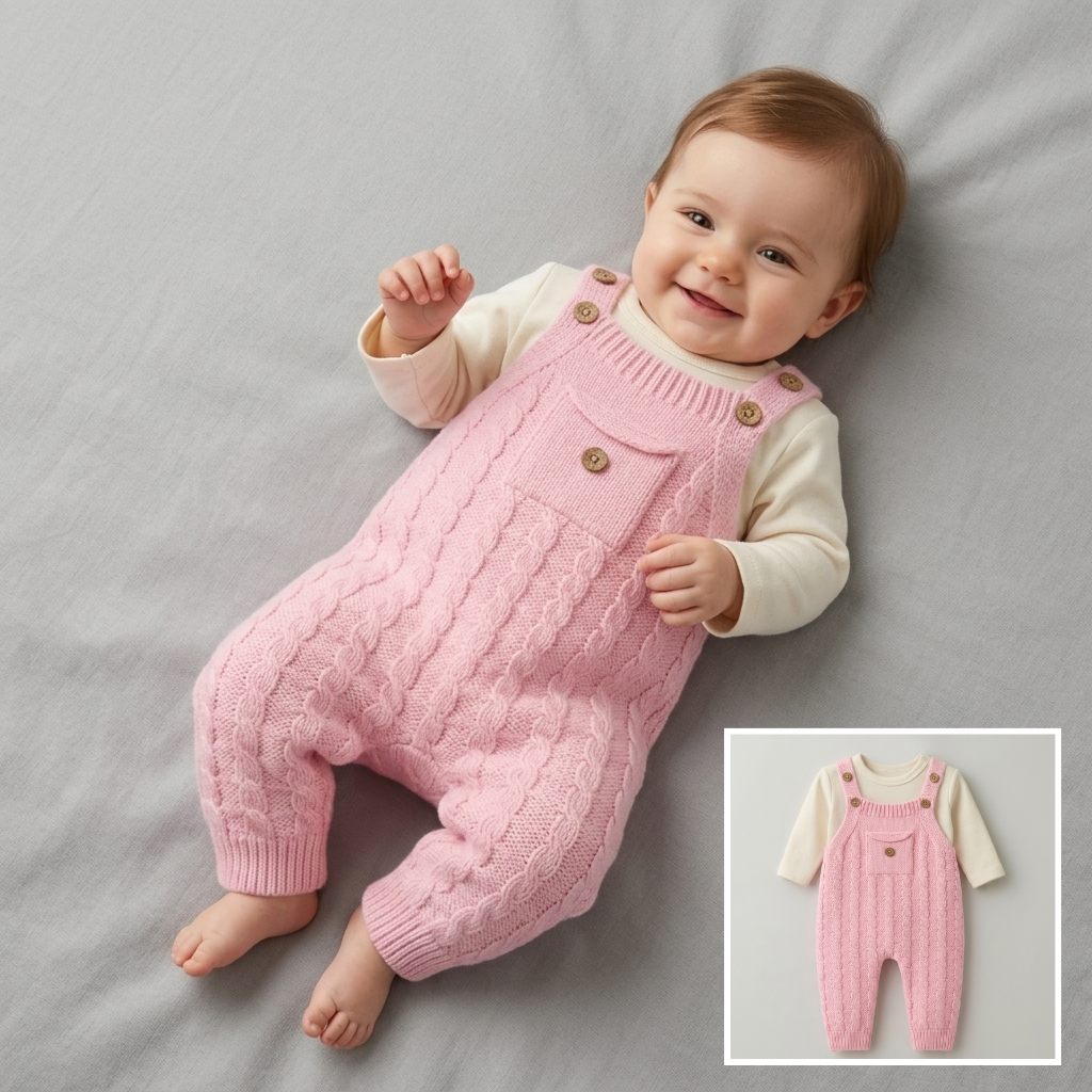 The Charlotte Cable-Knit Overall Romper Set – Soft Pink