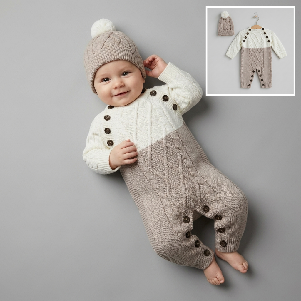 The Daniel Cable-Knit Romper & Beanie Set – Cream & Beige