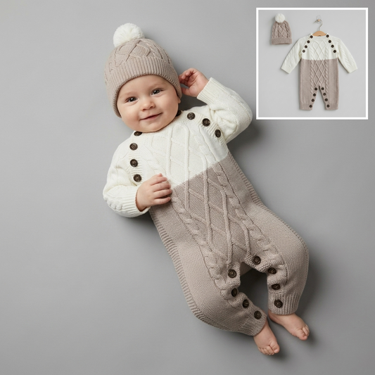 The Daniel Cable-Knit Romper & Beanie Set – Cream & Beige