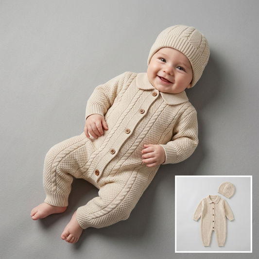The Nicolas Collared Cable-Knit Romper & Bonnet Set – Cream