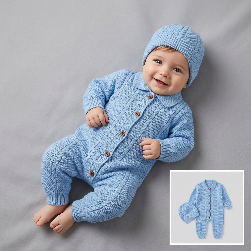 The Christopher Collared Cable-Knit Romper & Bonnet Set – Light Blue
