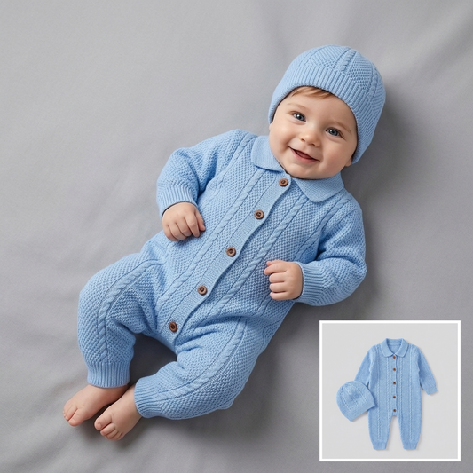 The Christopher Collared Cable-Knit Romper & Bonnet Set – Light Blue