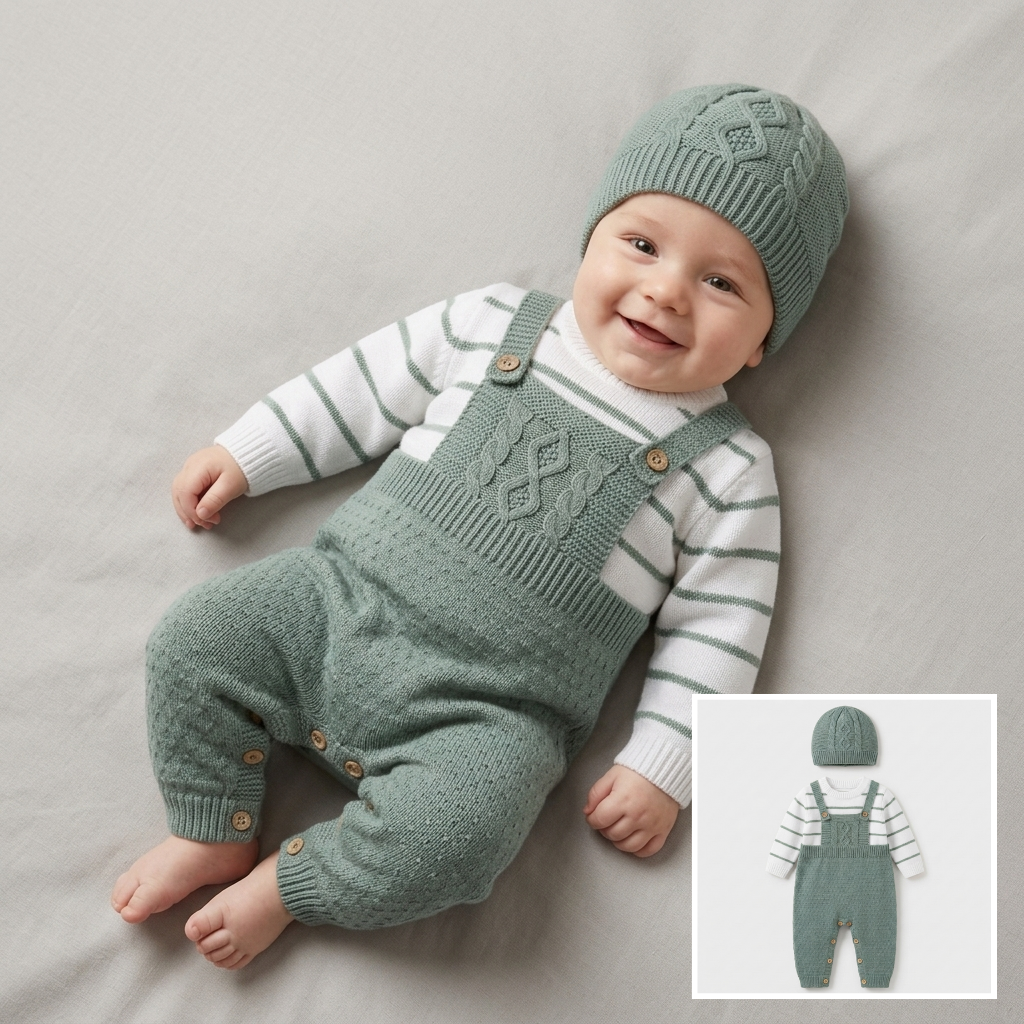 The Asher Cable-Knit Overall Jumpsuit Set – Sage Green