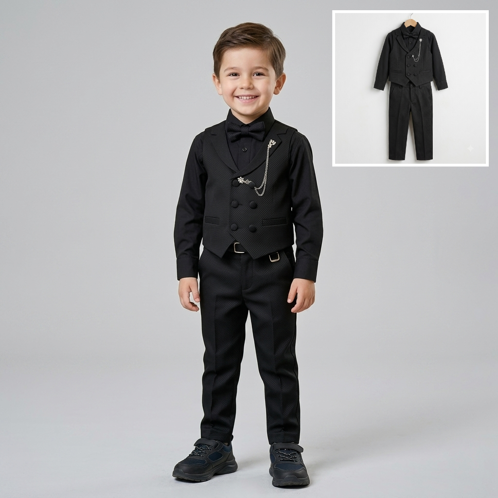 The Matteo 4-Piece Formal Vest Suit Set with Chain Brooch – Midnight Black
