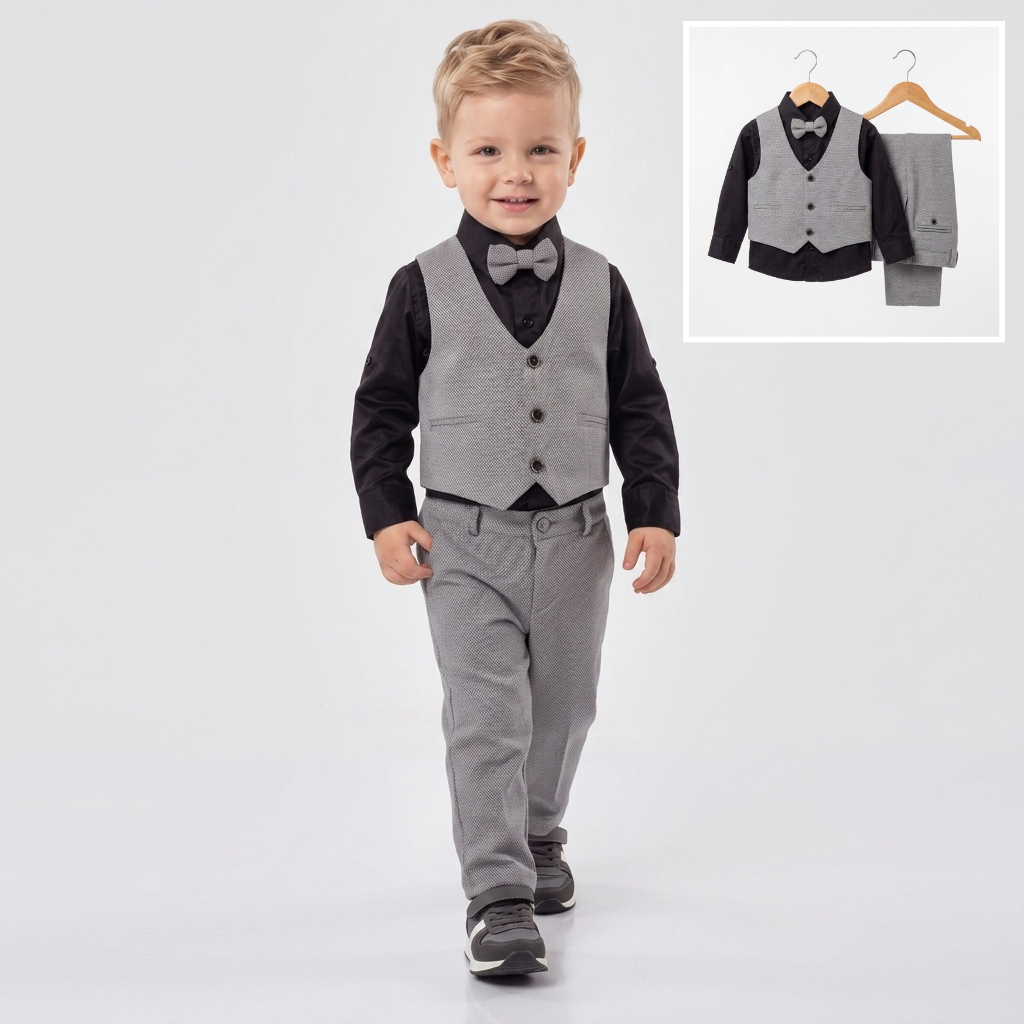 The Adrian 4-Piece Formal Vest Suit Set – Light Gray & Black