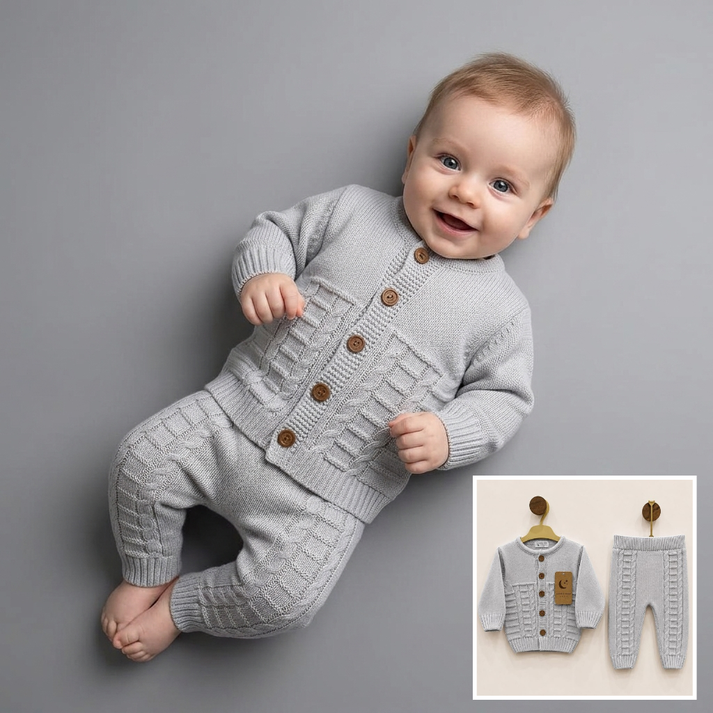 The Ethan 2-Piece Cable-Knit Cardigan Set – Light Gray