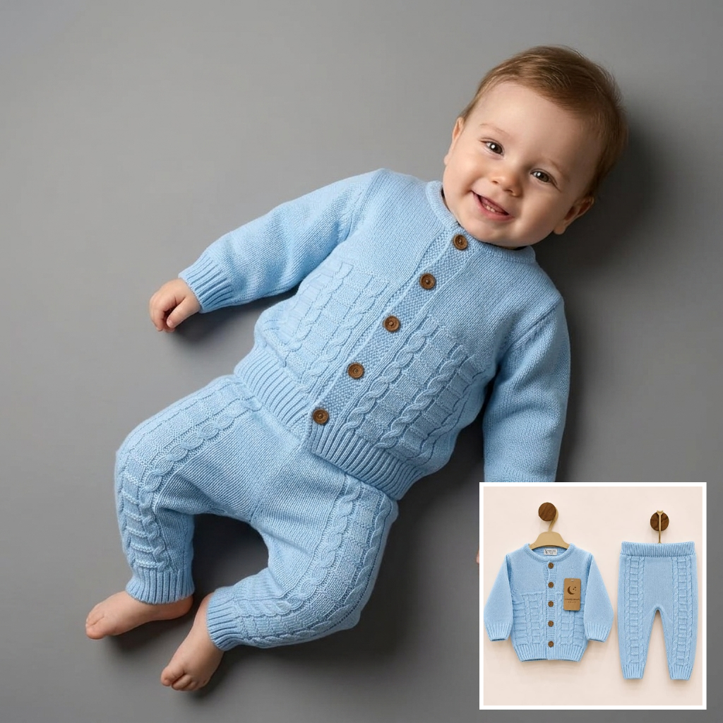 The William 2-Piece Cable-Knit Cardigan Set – Light Blue