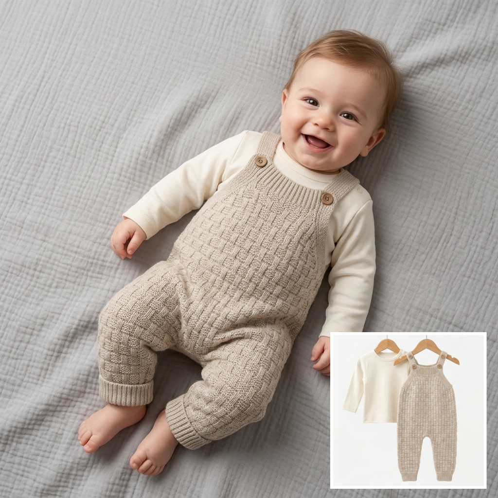 The Henry Textured Knit Overall Romper Set – Oat Beige