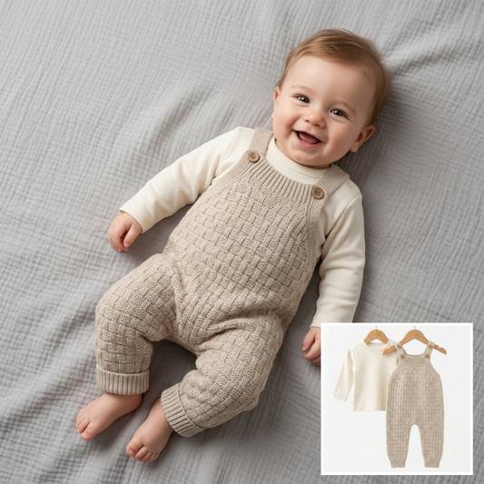 The Henry Textured Knit Overall Romper Set – Oat Beige