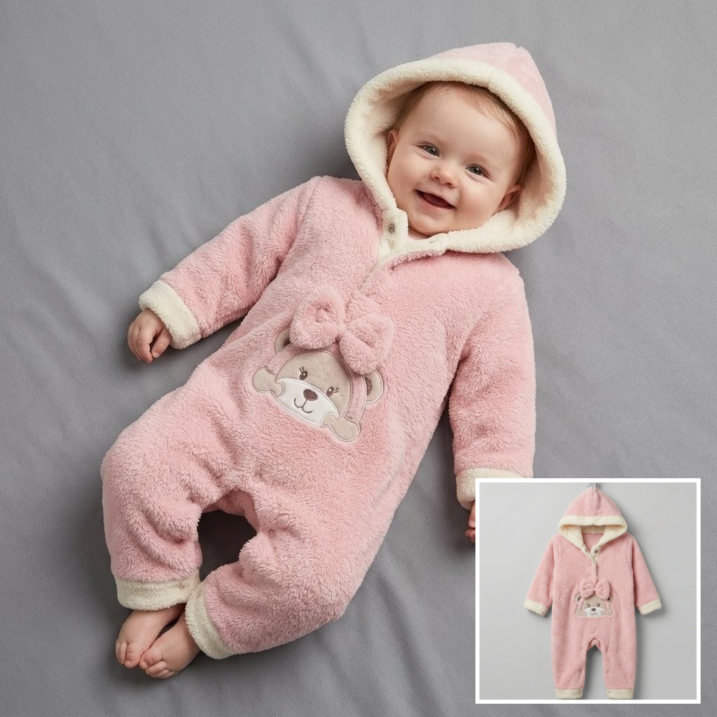 The Camilla Plush Fleece Bear Hooded Jumpsuit – Soft Pink