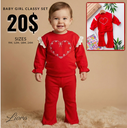 Red Baby Girl Outfit – Heart Motif Top with Lace Ruffles & Flared Ribbed Pants