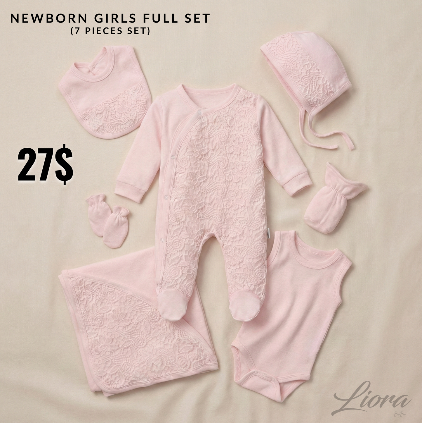 Pink Lace Elegance – 7 Pieces Newborn Gift Set