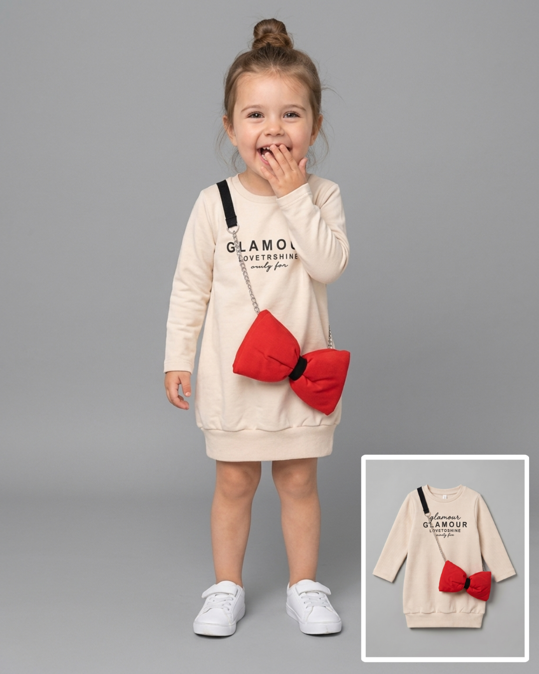 The Camille Sweatshirt Dress with Red Bow Bag Accent – Cream & Red