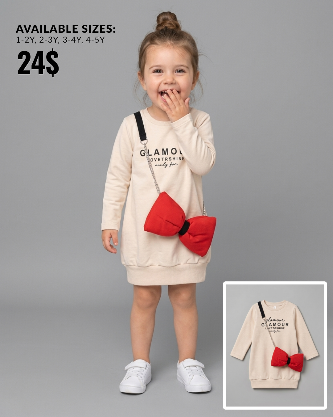 The Camille Sweatshirt Dress with Red Bow Bag Accent – Cream & Red