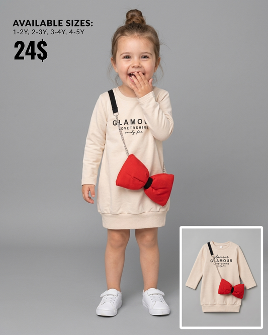 The Camille Sweatshirt Dress with Red Bow Bag Accent – Cream & Red