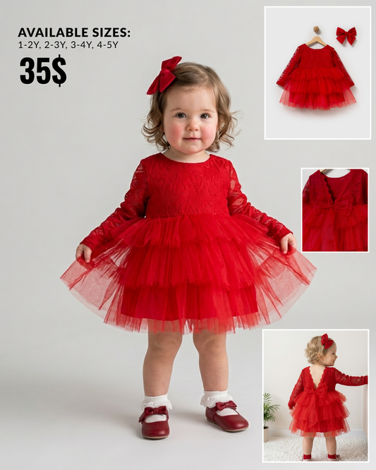 The Victoria Lace & Tiered Tulle Holiday Dress Set – Red
