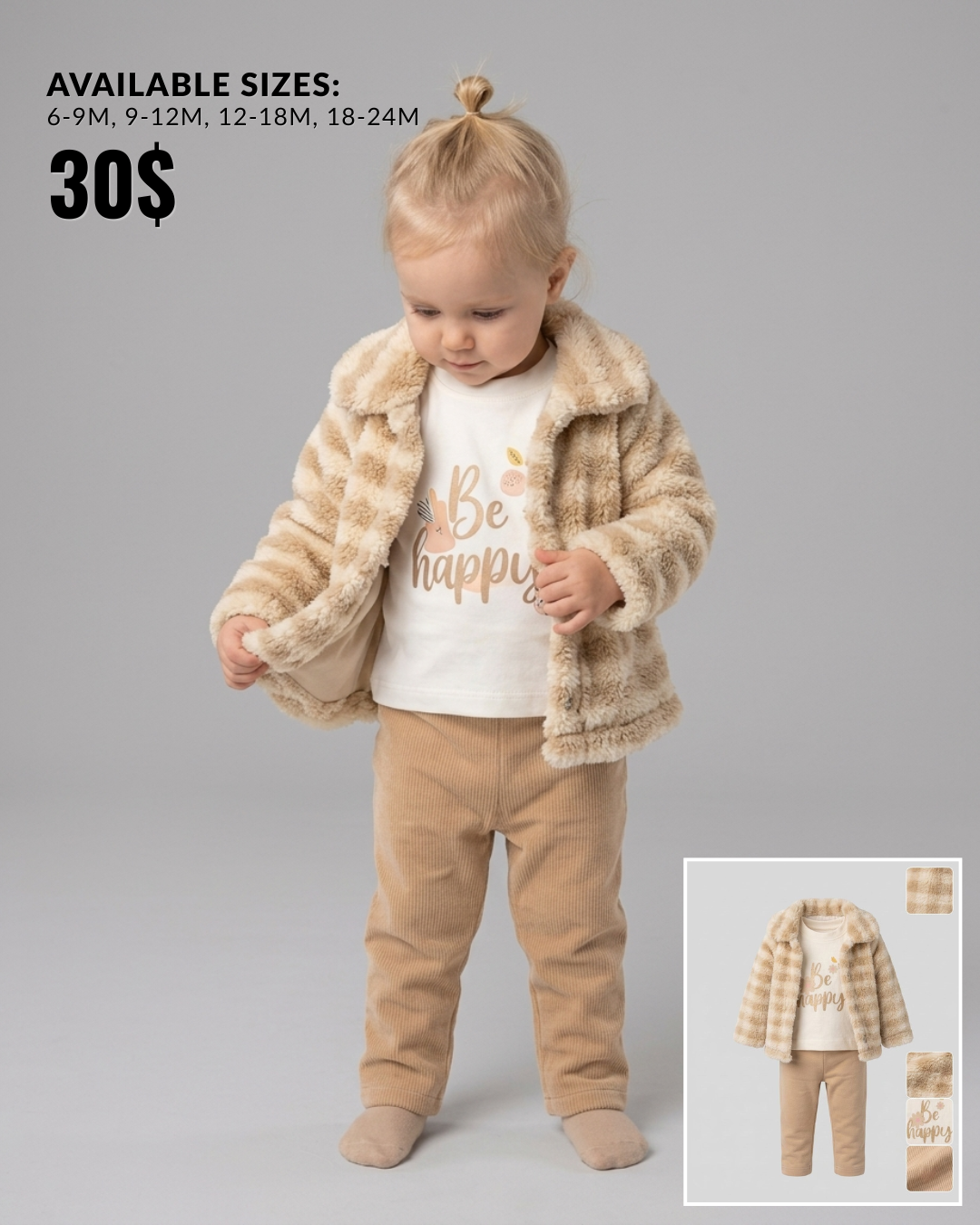 The Briar Plaid Faux Fur Jacket & Pants 3-Piece Set – Cream & Beige