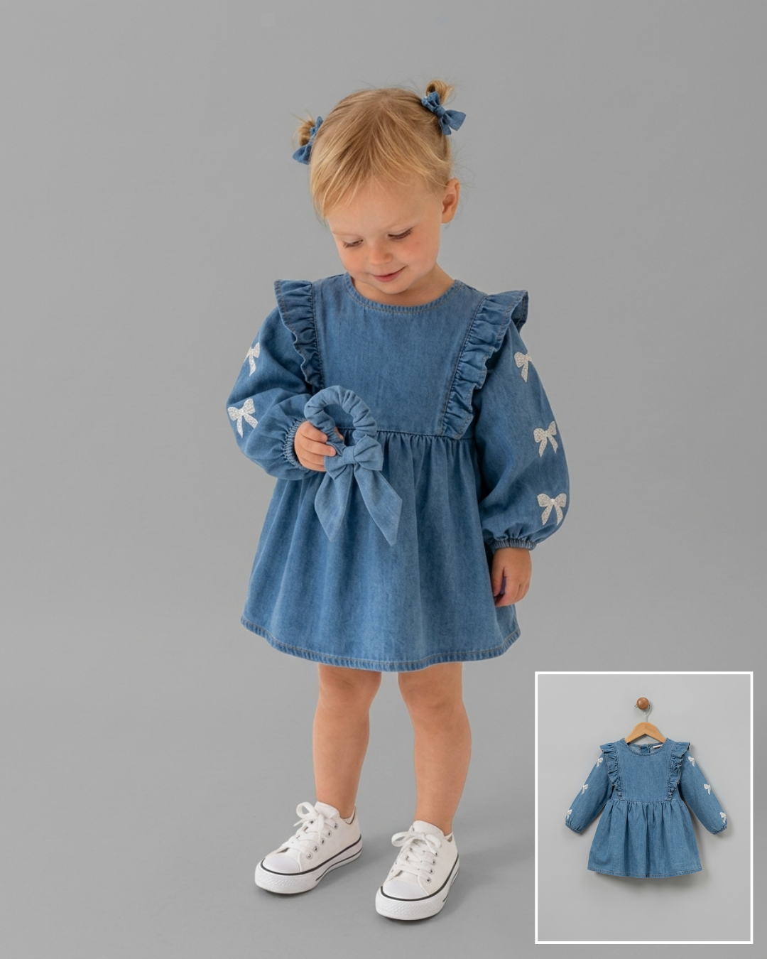 The Clementine Embroidered Denim Ruffle Dress – Blue