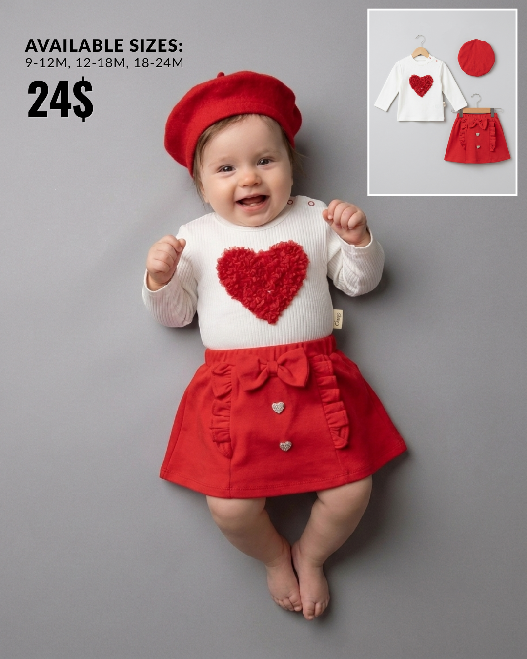 The Valentine Heart Top, Ruffled Skirt & Beret Set – Red & White