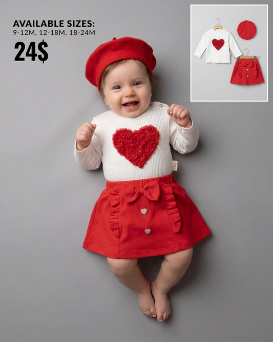 The Valentine Heart Top, Ruffled Skirt & Beret Set – Red & White